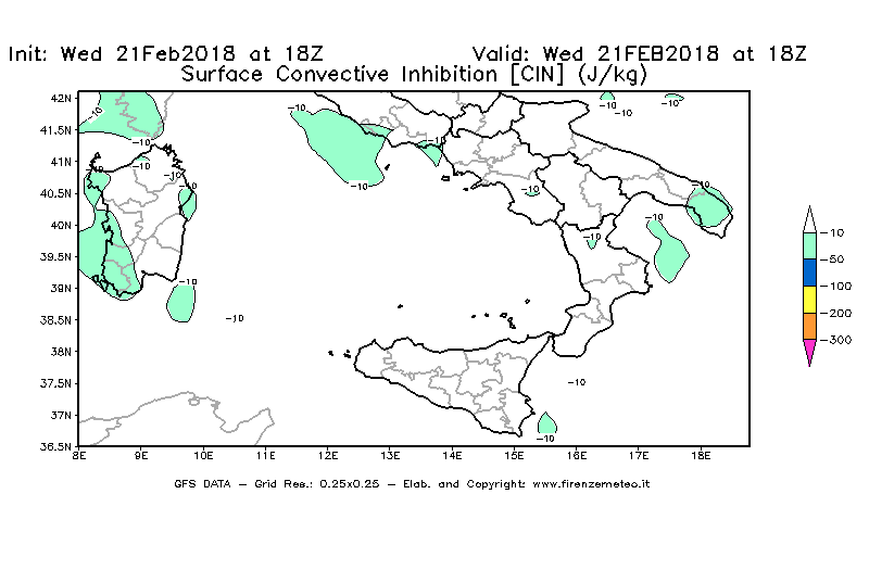 Mappa di analisi GFS - CIN [J/kg] in Sud-Italia
							del 21/02/2018 18 <!--googleoff: index-->UTC<!--googleon: index-->