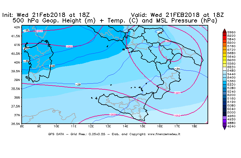 Mappa di analisi GFS - Geopotenziale [m] + Temp. [°C] a 500 hPa + Press. a livello del mare [hPa] in Sud-Italia
							del 21/02/2018 18 <!--googleoff: index-->UTC<!--googleon: index-->
