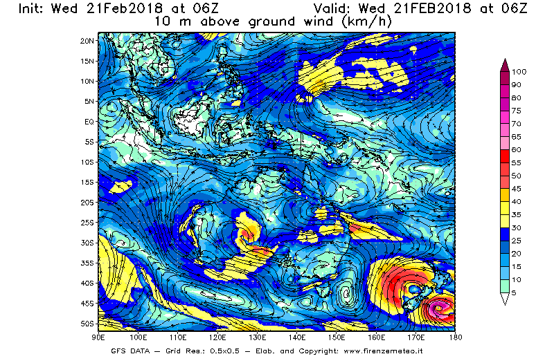 Mappa di analisi GFS - Velocità del vento a 10 metri dal suolo [km/h] in Oceania
							del 21/02/2018 06 <!--googleoff: index-->UTC<!--googleon: index-->