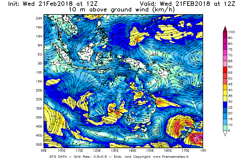 Mappa di analisi GFS - Velocità del vento a 10 metri dal suolo [km/h] in Oceania
							del 21/02/2018 12 <!--googleoff: index-->UTC<!--googleon: index-->
