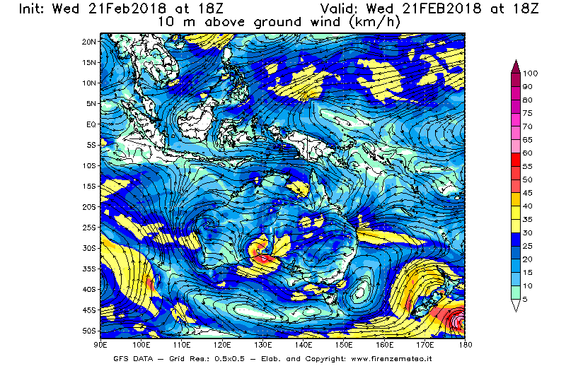 Mappa di analisi GFS - Velocità del vento a 10 metri dal suolo [km/h] in Oceania
									del 21/02/2018 18 <!--googleoff: index-->UTC<!--googleon: index-->