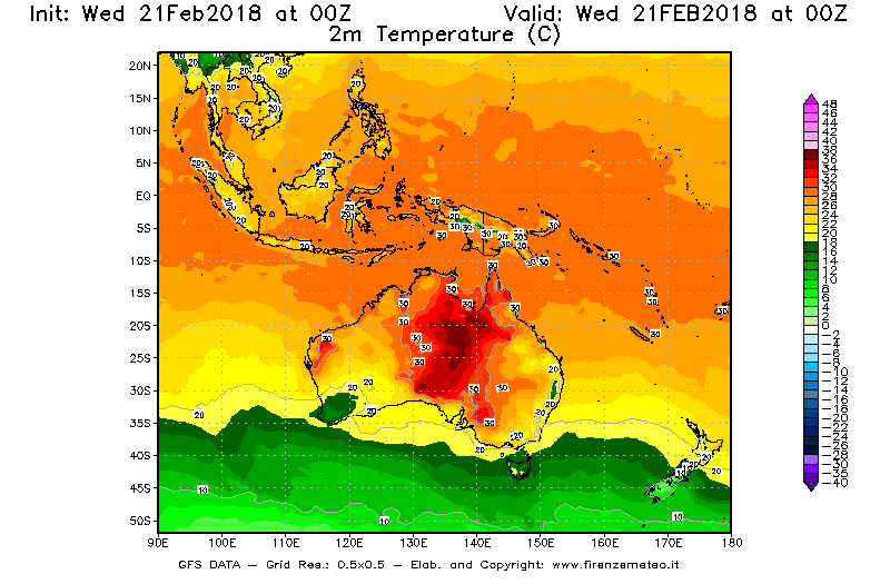 Mappa di analisi GFS - Temperatura a 2 metri dal suolo [°C] in Oceania
							del 21/02/2018 00 <!--googleoff: index-->UTC<!--googleon: index-->
