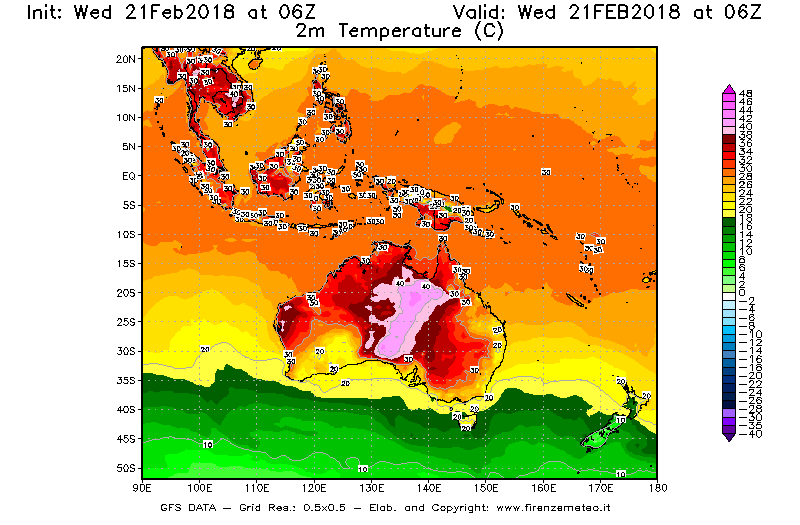 Mappa di analisi GFS - Temperatura a 2 metri dal suolo [°C] in Oceania
									del 21/02/2018 06 <!--googleoff: index-->UTC<!--googleon: index-->