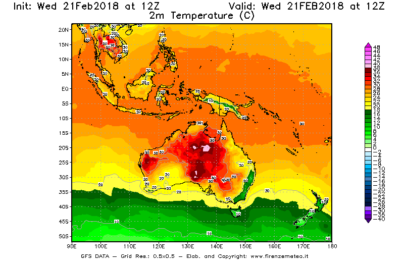Mappa di analisi GFS - Temperatura a 2 metri dal suolo [°C] in Oceania
									del 21/02/2018 12 <!--googleoff: index-->UTC<!--googleon: index-->
