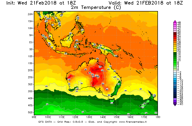Mappa di analisi GFS - Temperatura a 2 metri dal suolo [°C] in Oceania
									del 21/02/2018 18 <!--googleoff: index-->UTC<!--googleon: index-->