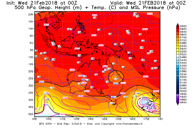 Mappa di analisi GFS - Geopotenziale [m] + Temp. [°C] a 500 hPa + Press. a livello del mare [hPa] in Oceania
							del 21/02/2018 00 <!--googleoff: index-->UTC<!--googleon: index-->