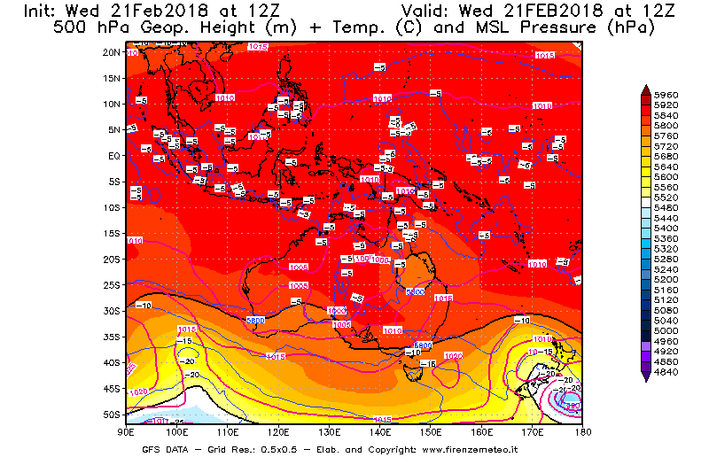 Mappa di analisi GFS - Geopotenziale [m] + Temp. [°C] a 500 hPa + Press. a livello del mare [hPa] in Oceania
							del 21/02/2018 12 <!--googleoff: index-->UTC<!--googleon: index-->