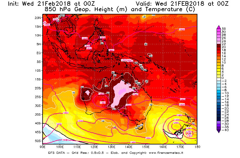Mappa di analisi GFS - Geopotenziale [m] e Temperatura [°C] a 850 hPa in Oceania
									del 21/02/2018 00 <!--googleoff: index-->UTC<!--googleon: index-->
