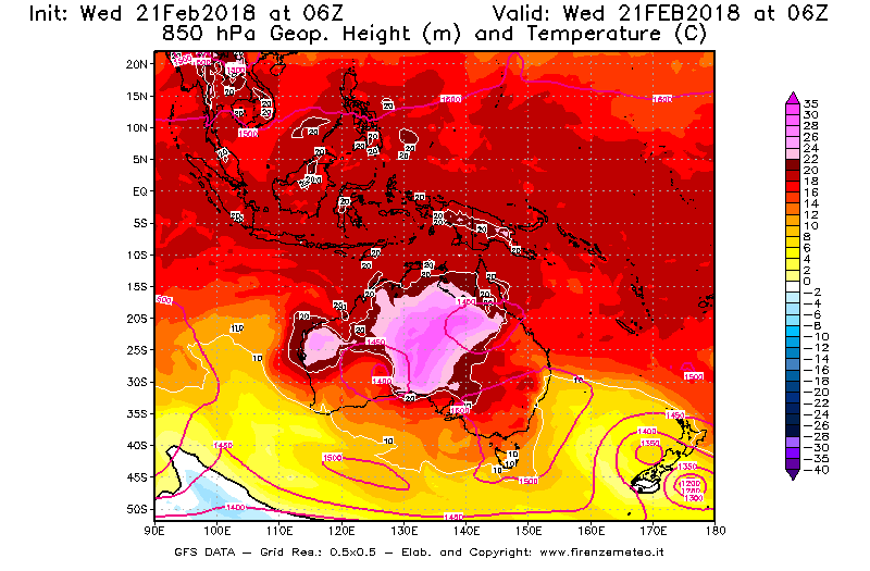 Mappa di analisi GFS - Geopotenziale [m] e Temperatura [°C] a 850 hPa in Oceania
							del 21/02/2018 06 <!--googleoff: index-->UTC<!--googleon: index-->