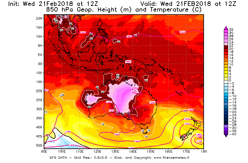 Mappa di analisi GFS - Geopotenziale [m] e Temperatura [°C] a 850 hPa in Oceania
									del 21/02/2018 12 <!--googleoff: index-->UTC<!--googleon: index-->