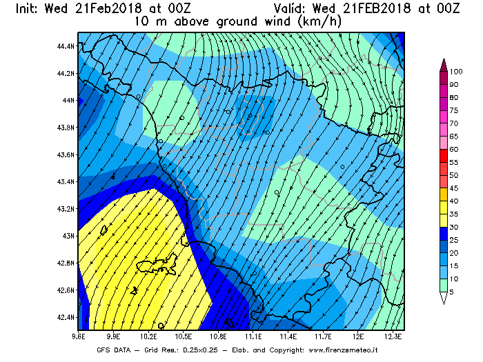 Mappa di analisi GFS - Velocità del vento a 10 metri dal suolo [km/h] in Toscana
									del 21/02/2018 00 <!--googleoff: index-->UTC<!--googleon: index-->