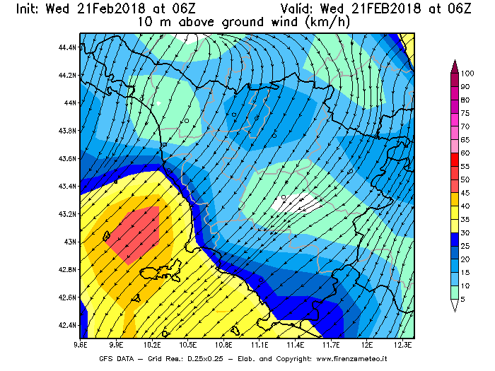 Mappa di analisi GFS - Velocità del vento a 10 metri dal suolo [km/h] in Toscana
									del 21/02/2018 06 <!--googleoff: index-->UTC<!--googleon: index-->
