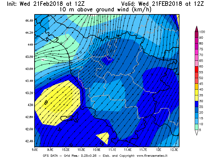 Mappa di analisi GFS - Velocità del vento a 10 metri dal suolo [km/h] in Toscana
							del 21/02/2018 12 <!--googleoff: index-->UTC<!--googleon: index-->