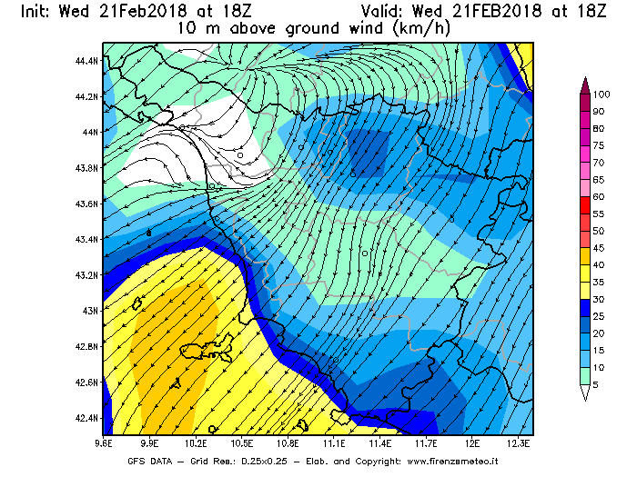 Mappa di analisi GFS - Velocità del vento a 10 metri dal suolo [km/h] in Toscana
									del 21/02/2018 18 <!--googleoff: index-->UTC<!--googleon: index-->