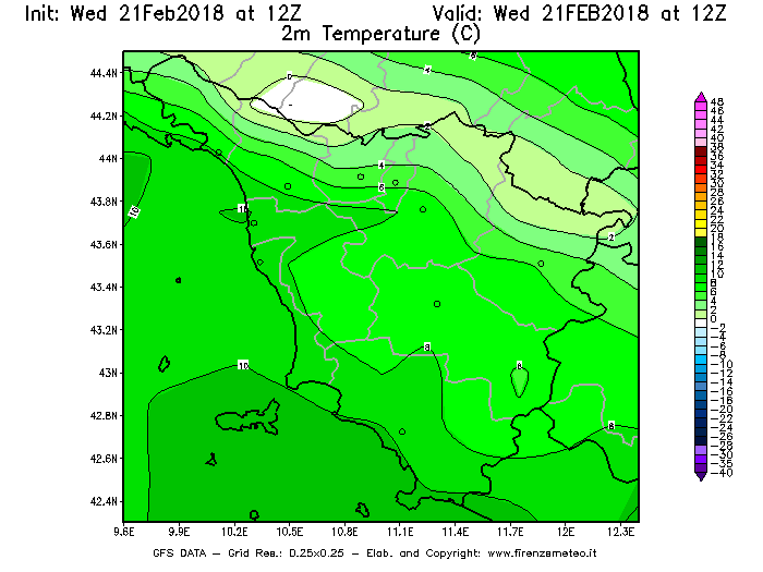 Mappa di analisi GFS - Temperatura a 2 metri dal suolo [°C] in Toscana
							del 21/02/2018 12 <!--googleoff: index-->UTC<!--googleon: index-->