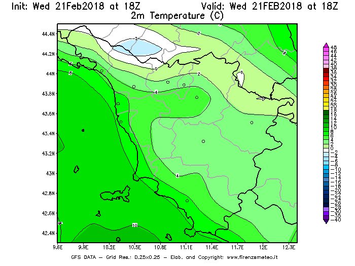 Mappa di analisi GFS - Temperatura a 2 metri dal suolo [°C] in Toscana
									del 21/02/2018 18 <!--googleoff: index-->UTC<!--googleon: index-->