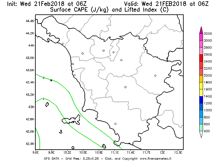 Mappa di analisi GFS - CAPE [J/kg] e Lifted Index [°C] in Toscana
							del 21/02/2018 06 <!--googleoff: index-->UTC<!--googleon: index-->