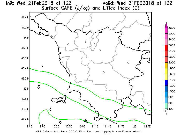 Mappa di analisi GFS - CAPE [J/kg] e Lifted Index [°C] in Toscana
							del 21/02/2018 12 <!--googleoff: index-->UTC<!--googleon: index-->