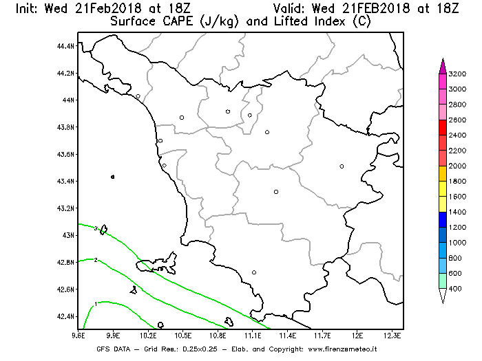 Mappa di analisi GFS - CAPE [J/kg] e Lifted Index [°C] in Toscana
									del 21/02/2018 18 <!--googleoff: index-->UTC<!--googleon: index-->