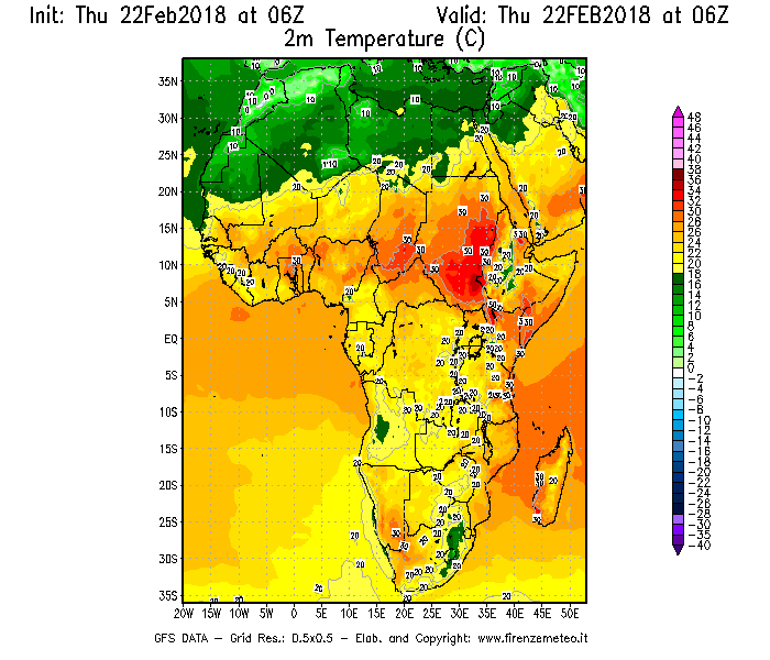 Mappa di analisi GFS - Temperatura a 2 metri dal suolo [°C] in Africa
							del 22/02/2018 06 <!--googleoff: index-->UTC<!--googleon: index-->
