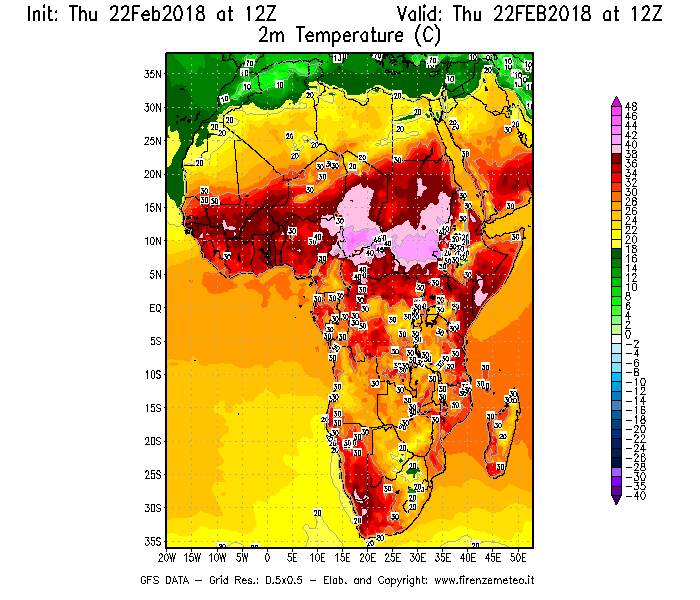 Mappa di analisi GFS - Temperatura a 2 metri dal suolo [°C] in Africa
							del 22/02/2018 12 <!--googleoff: index-->UTC<!--googleon: index-->