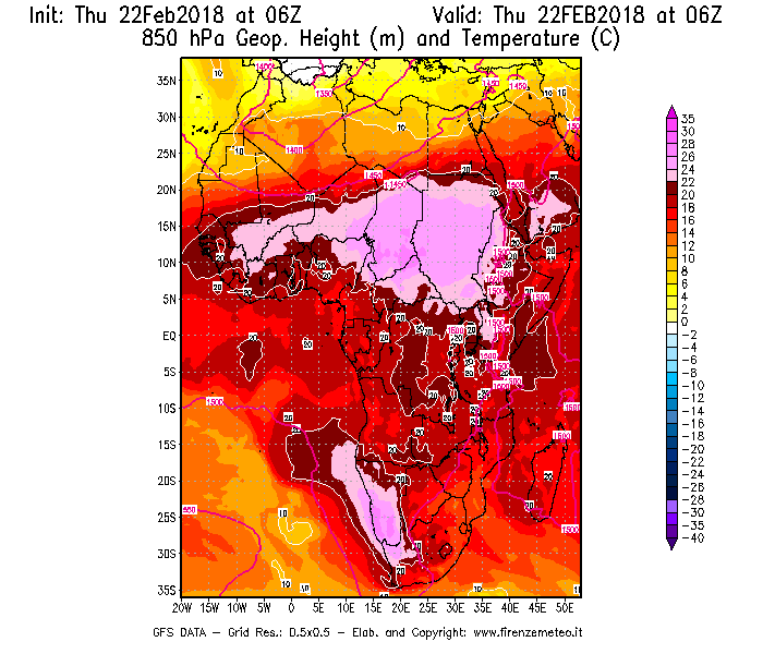 Mappa di analisi GFS - Geopotenziale [m] e Temperatura [°C] a 850 hPa in Africa
							del 22/02/2018 06 <!--googleoff: index-->UTC<!--googleon: index-->