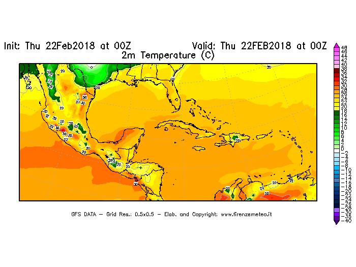 Mappa di analisi GFS - Temperatura a 2 metri dal suolo [°C] in Centro-America
							del 22/02/2018 00 <!--googleoff: index-->UTC<!--googleon: index-->