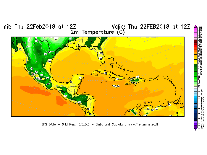 Mappa di analisi GFS - Temperatura a 2 metri dal suolo [°C] in Centro-America
							del 22/02/2018 12 <!--googleoff: index-->UTC<!--googleon: index-->