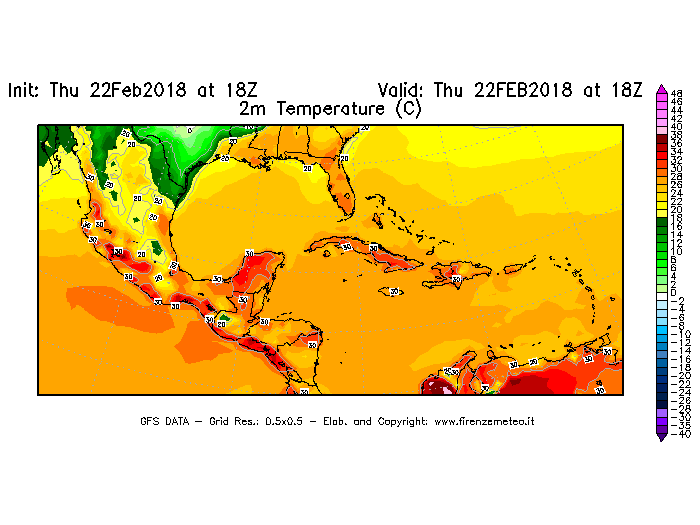 Mappa di analisi GFS - Temperatura a 2 metri dal suolo [°C] in Centro-America
							del 22/02/2018 18 <!--googleoff: index-->UTC<!--googleon: index-->