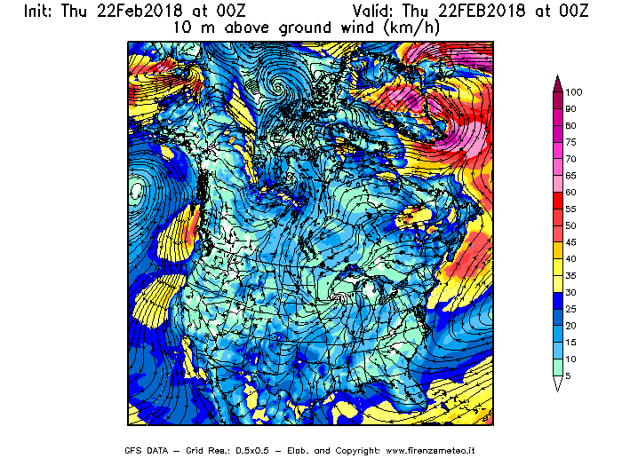 Mappa di analisi GFS - Velocità del vento a 10 metri dal suolo [km/h] in Nord-America
							del 22/02/2018 00 <!--googleoff: index-->UTC<!--googleon: index-->