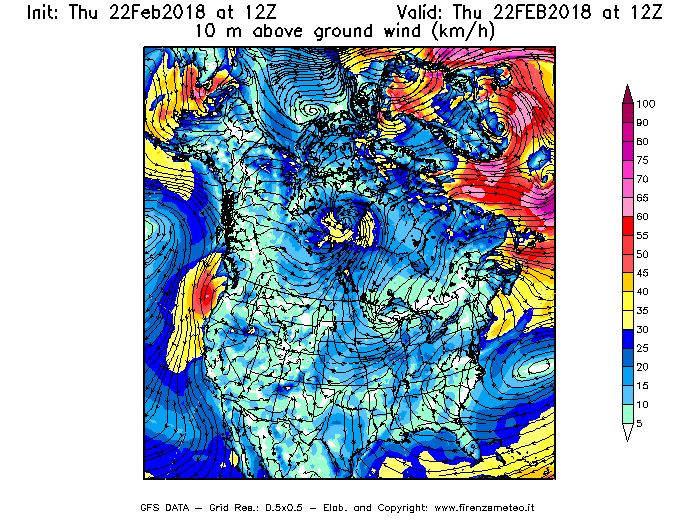 Mappa di analisi GFS - Velocità del vento a 10 metri dal suolo [km/h] in Nord-America
							del 22/02/2018 12 <!--googleoff: index-->UTC<!--googleon: index-->