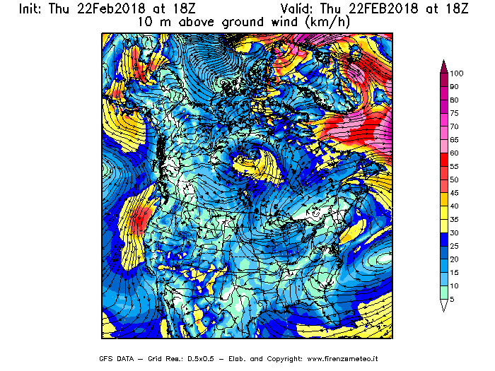 Mappa di analisi GFS - Velocità del vento a 10 metri dal suolo [km/h] in Nord-America
							del 22/02/2018 18 <!--googleoff: index-->UTC<!--googleon: index-->