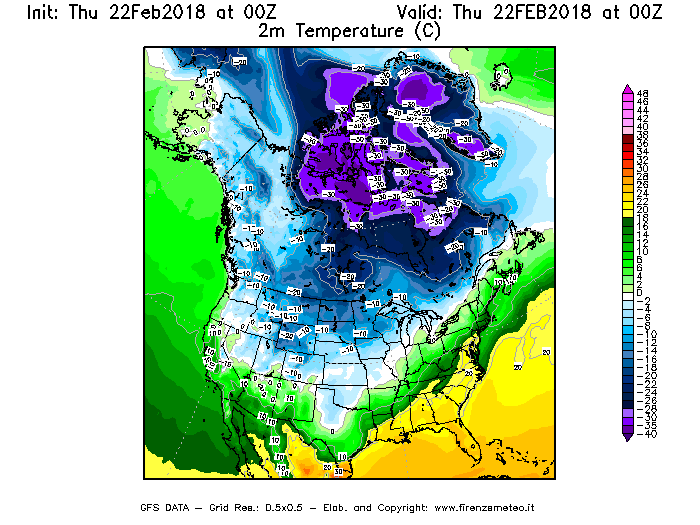 Mappa di analisi GFS - Temperatura a 2 metri dal suolo [°C] in Nord-America
							del 22/02/2018 00 <!--googleoff: index-->UTC<!--googleon: index-->