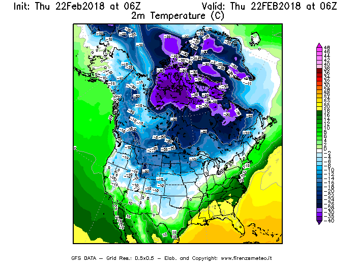 Mappa di analisi GFS - Temperatura a 2 metri dal suolo [°C] in Nord-America
							del 22/02/2018 06 <!--googleoff: index-->UTC<!--googleon: index-->