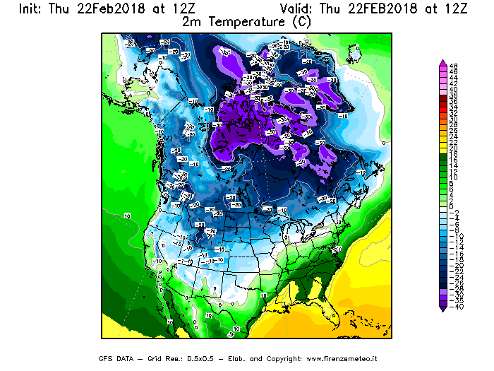 Mappa di analisi GFS - Temperatura a 2 metri dal suolo [°C] in Nord-America
							del 22/02/2018 12 <!--googleoff: index-->UTC<!--googleon: index-->