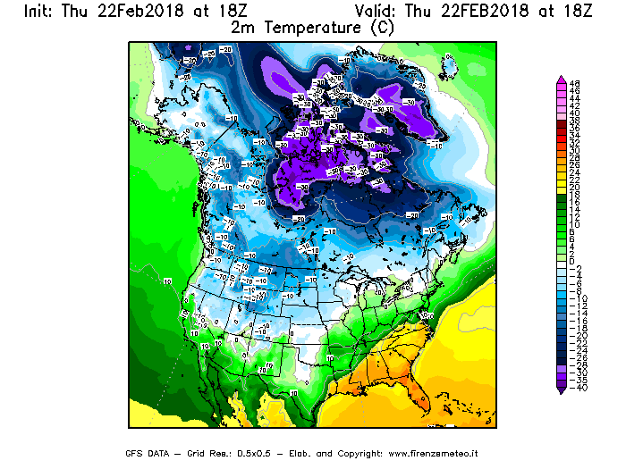 Mappa di analisi GFS - Temperatura a 2 metri dal suolo [°C] in Nord-America
							del 22/02/2018 18 <!--googleoff: index-->UTC<!--googleon: index-->