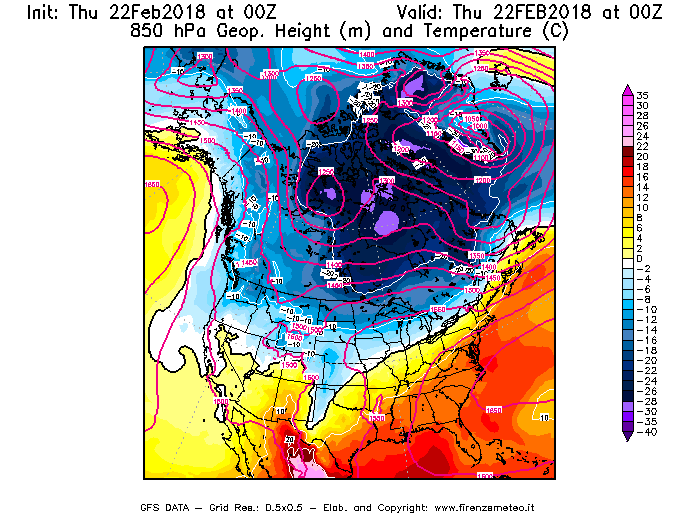 Mappa di analisi GFS - Geopotenziale [m] e Temperatura [°C] a 850 hPa in Nord-America
							del 22/02/2018 00 <!--googleoff: index-->UTC<!--googleon: index-->
