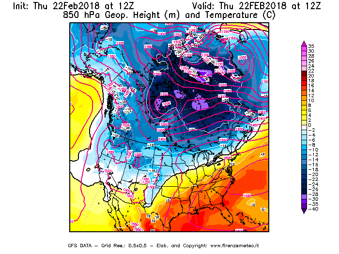 Mappa di analisi GFS - Geopotenziale [m] e Temperatura [°C] a 850 hPa in Nord-America
							del 22/02/2018 12 <!--googleoff: index-->UTC<!--googleon: index-->