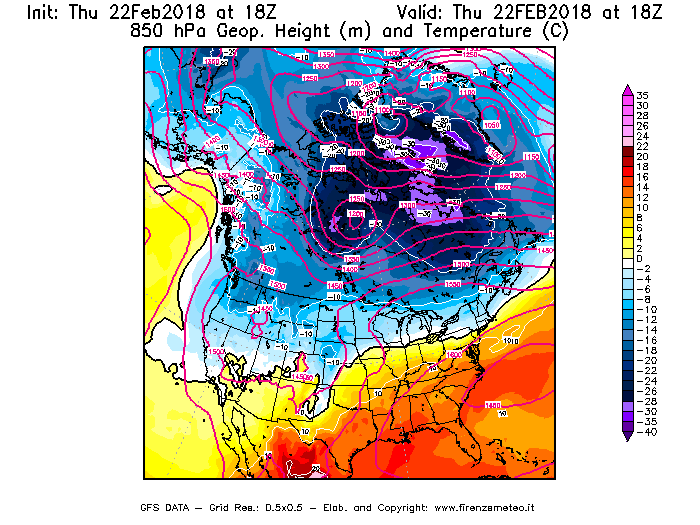Mappa di analisi GFS - Geopotenziale [m] e Temperatura [°C] a 850 hPa in Nord-America
							del 22/02/2018 18 <!--googleoff: index-->UTC<!--googleon: index-->