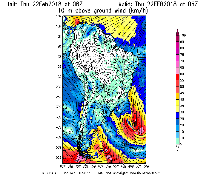 Mappa di analisi GFS - Velocità del vento a 10 metri dal suolo [km/h] in Sud-America
							del 22/02/2018 06 <!--googleoff: index-->UTC<!--googleon: index-->