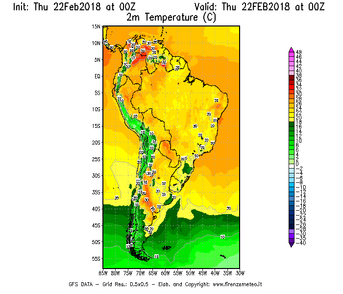 Mappa di analisi GFS - Temperatura a 2 metri dal suolo [°C] in Sud-America
							del 22/02/2018 00 <!--googleoff: index-->UTC<!--googleon: index-->