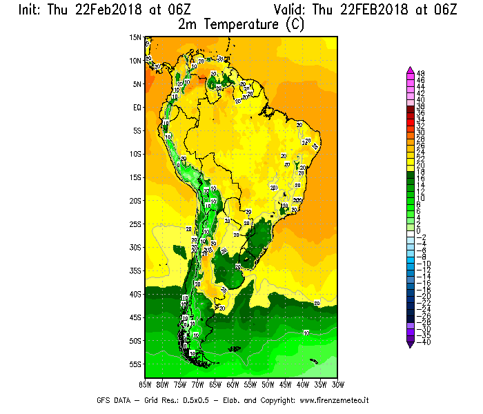 Mappa di analisi GFS - Temperatura a 2 metri dal suolo [°C] in Sud-America
							del 22/02/2018 06 <!--googleoff: index-->UTC<!--googleon: index-->