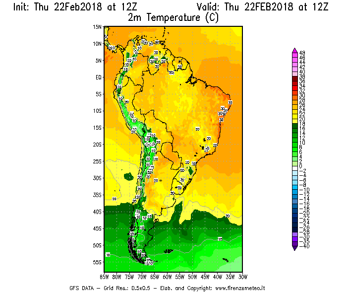 Mappa di analisi GFS - Temperatura a 2 metri dal suolo [°C] in Sud-America
							del 22/02/2018 12 <!--googleoff: index-->UTC<!--googleon: index-->