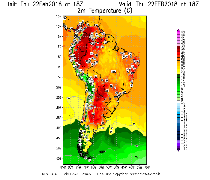 Mappa di analisi GFS - Temperatura a 2 metri dal suolo [°C] in Sud-America
							del 22/02/2018 18 <!--googleoff: index-->UTC<!--googleon: index-->