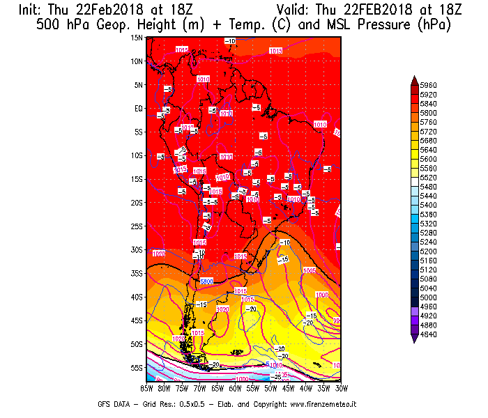 Mappa di analisi GFS - Geopotenziale [m] + Temp. [°C] a 500 hPa + Press. a livello del mare [hPa] in Sud-America
							del 22/02/2018 18 <!--googleoff: index-->UTC<!--googleon: index-->