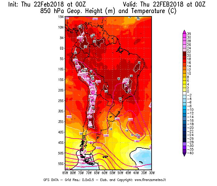 Mappa di analisi GFS - Geopotenziale [m] e Temperatura [°C] a 850 hPa in Sud-America
							del 22/02/2018 00 <!--googleoff: index-->UTC<!--googleon: index-->