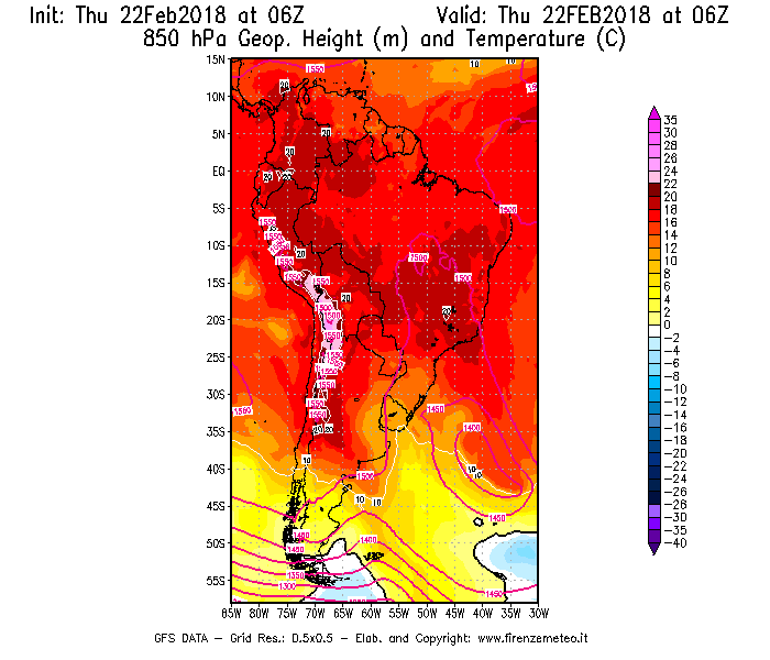Mappa di analisi GFS - Geopotenziale [m] e Temperatura [°C] a 850 hPa in Sud-America
							del 22/02/2018 06 <!--googleoff: index-->UTC<!--googleon: index-->