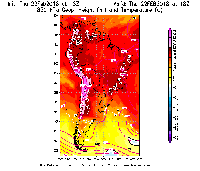 Mappa di analisi GFS - Geopotenziale [m] e Temperatura [°C] a 850 hPa in Sud-America
							del 22/02/2018 18 <!--googleoff: index-->UTC<!--googleon: index-->