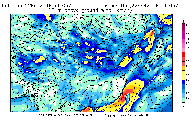Mappa di analisi GFS - Velocità del vento a 10 metri dal suolo [km/h] in Asia Orientale
							del 22/02/2018 06 <!--googleoff: index-->UTC<!--googleon: index-->