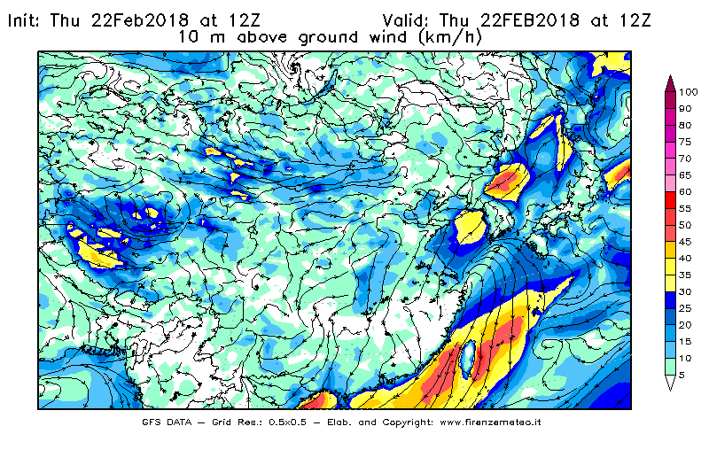 Mappa di analisi GFS - Velocità del vento a 10 metri dal suolo [km/h] in Asia Orientale
							del 22/02/2018 12 <!--googleoff: index-->UTC<!--googleon: index-->